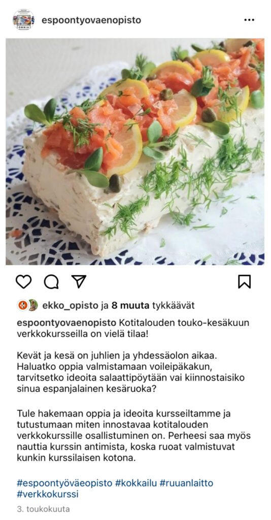 Espoon työväenopiston Instagram-julkaisu, jossa voileipäkakku.vo